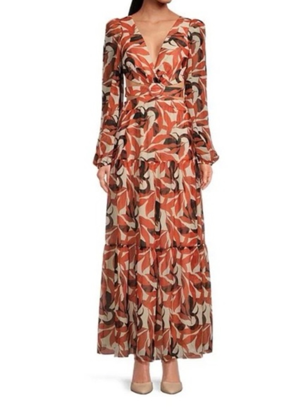 Gianni Bini Long Sleeve V-Neck, Backless Maxi Dress in Rust Leaf Print